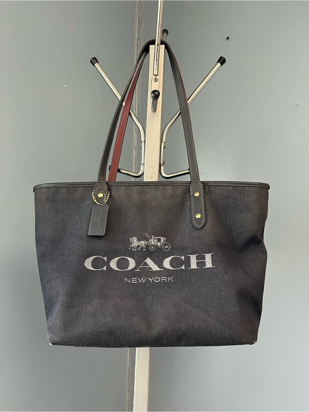 Coach Denim Navy Logo Canvas Tote with Leather Handles